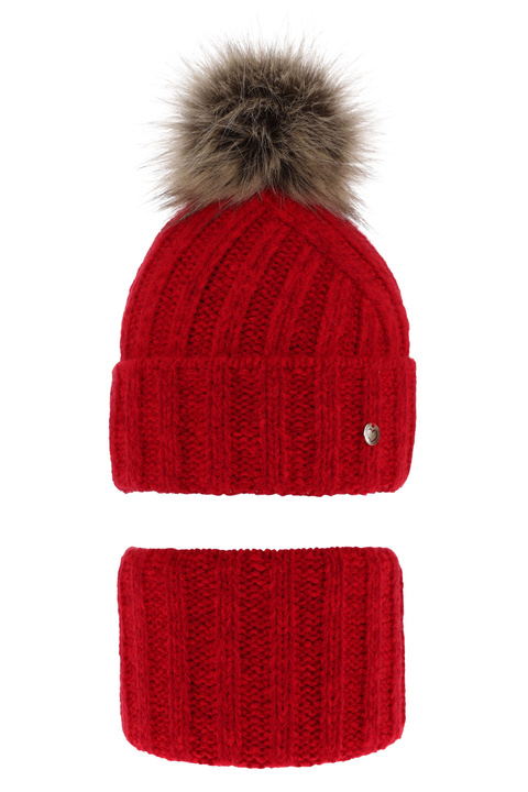 Girl's winter set: hat and tube scarf red Polaris with pompom