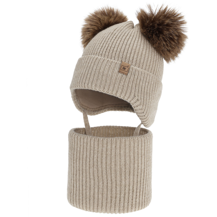Boy's winter set: hat and tube scarf, beige, with two pompom, Zorven