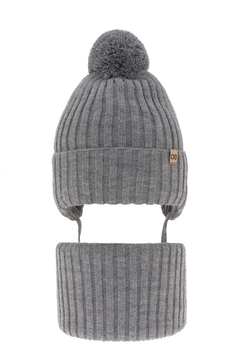 Boy's winter set: hat and tube scarf grey with pompom Carlo