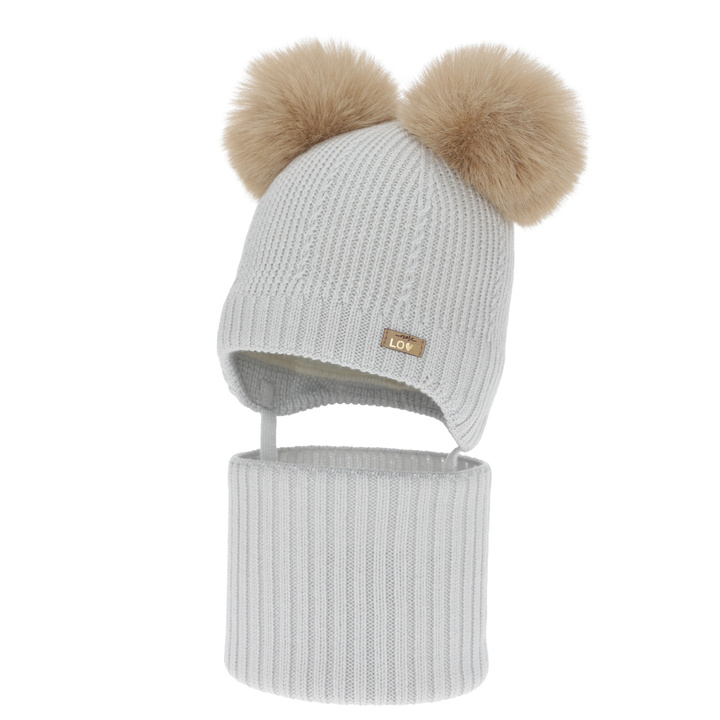 Girl's hat and tube scarf, winter set, grey, 100% merino wool, lined with wool fleece, Lumia