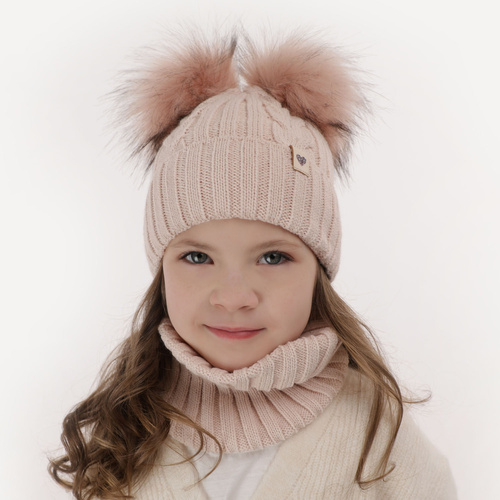 Girl's winter set: hat and tube scarf violet with two pompoms Amala