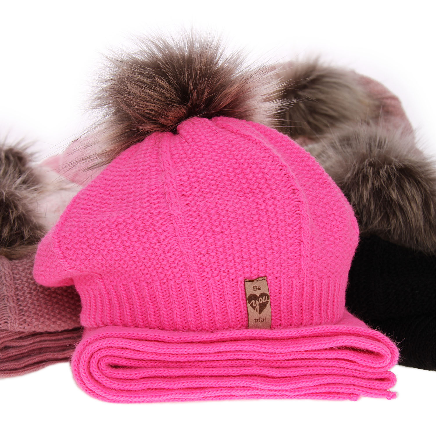 Girl's winter set: hat and scarf pink Elif with pompom