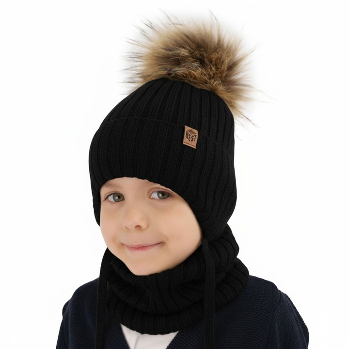 Boy's winter set: hat and tube scarf, black, 100% extra fine merino wool Juno