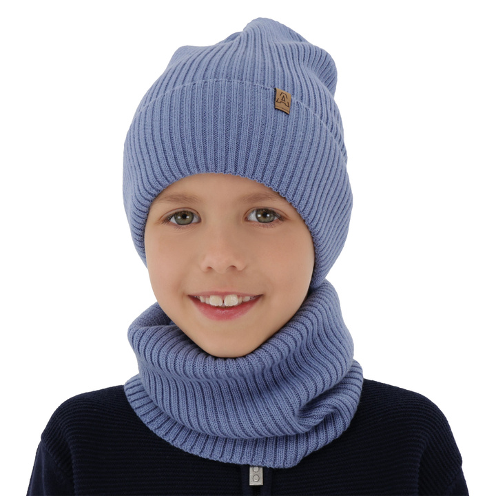 Boy's spring/ autumn set: hat and tube scarf blue 100% extra finemerino wool Lemas