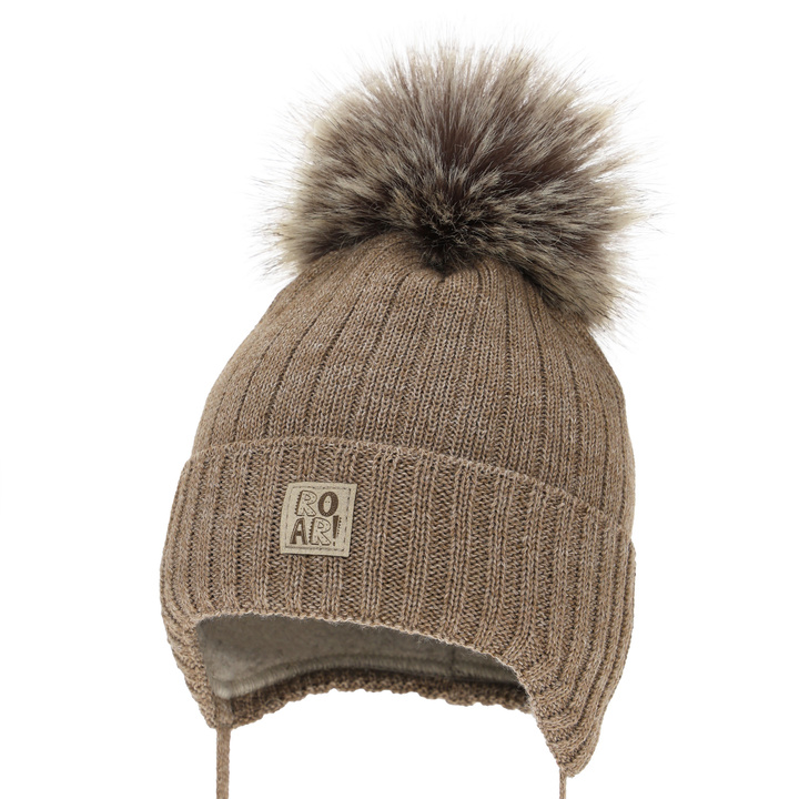 Boy's winter hat with merino wool, beige, with ears, Nabil