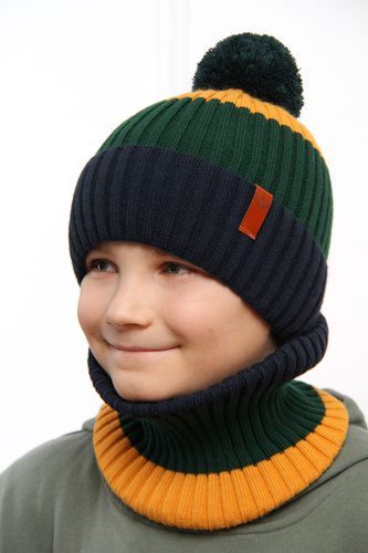 Boy's winter set: hat and tube scarf black Karson with pompom