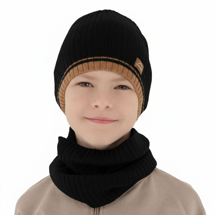 Boy's spring, autumn set: hat and tube scarf, black, with cotton, Eirik