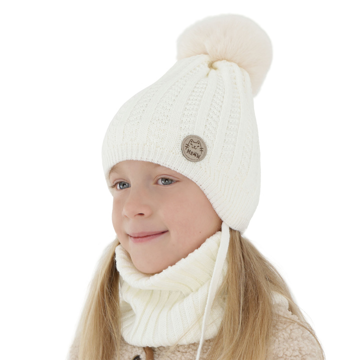 Girl's winter set: hat and tube scarf ecru with pompom Kenta