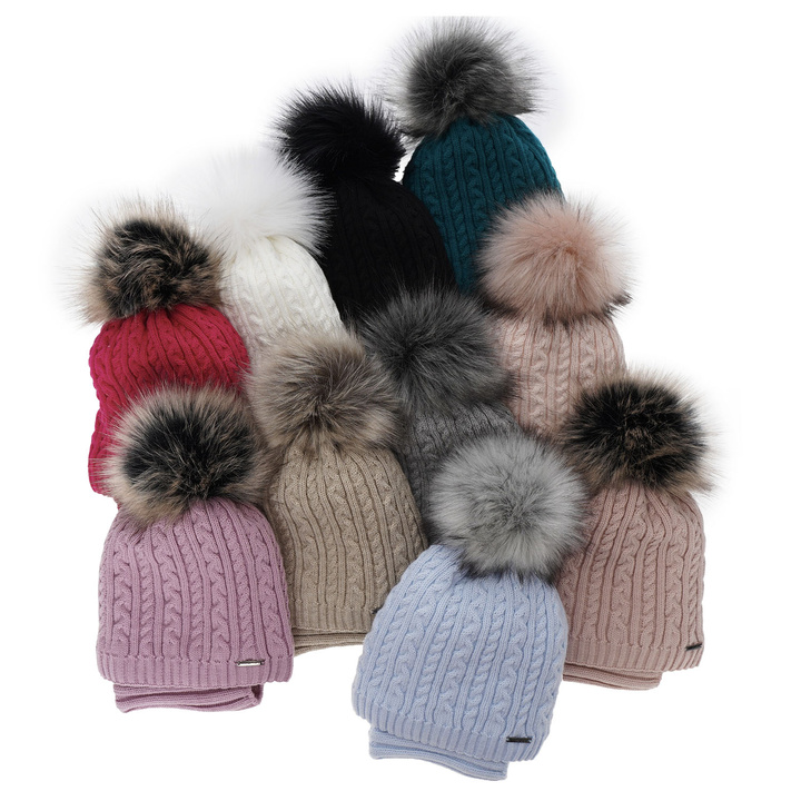 Girl's winter set: hat and tube scarf pink Rima with pompom