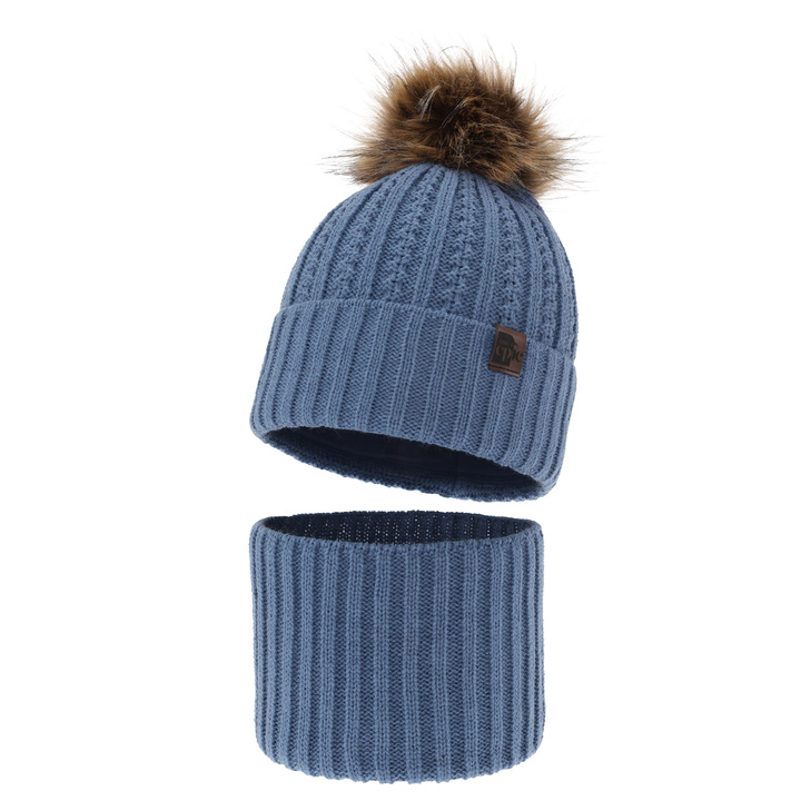 Boy's winter set: hat and tube scarf blue with pompom Lars