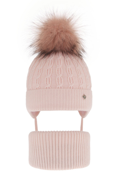 Girl's winter set: hat and tube scarf pink with pompom Tukana