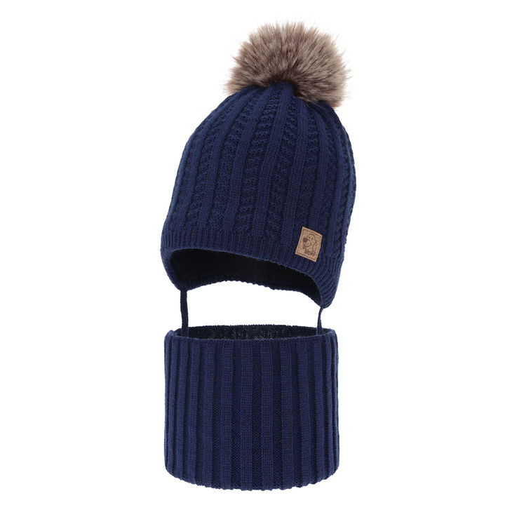 Boy's winter set: hat and tube scarf navy blue Endo with pompom