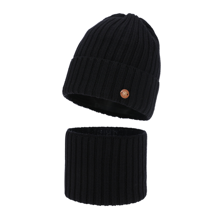 Girl's winter set: hat and tube scarf, black, 100% merino wool, cotton lining, Vanira