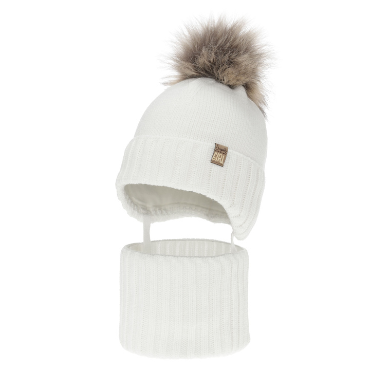 Girl's winter set: hat and tube scarf, white, with pompom, Primula