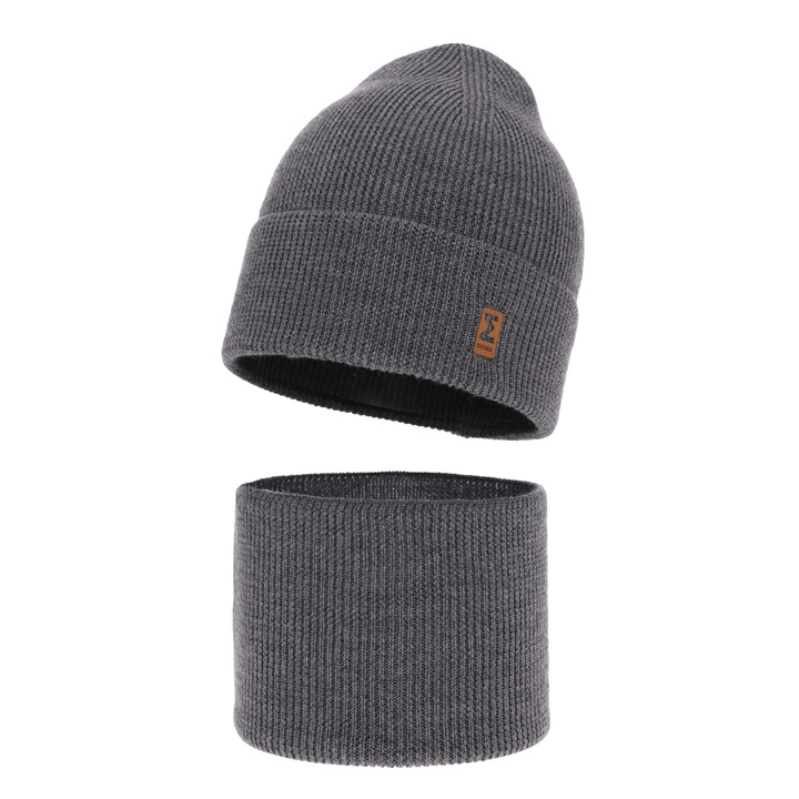 Boy's spring/ autumn set: hat and tube scarf grey 100% extra finemerino wool Bruce