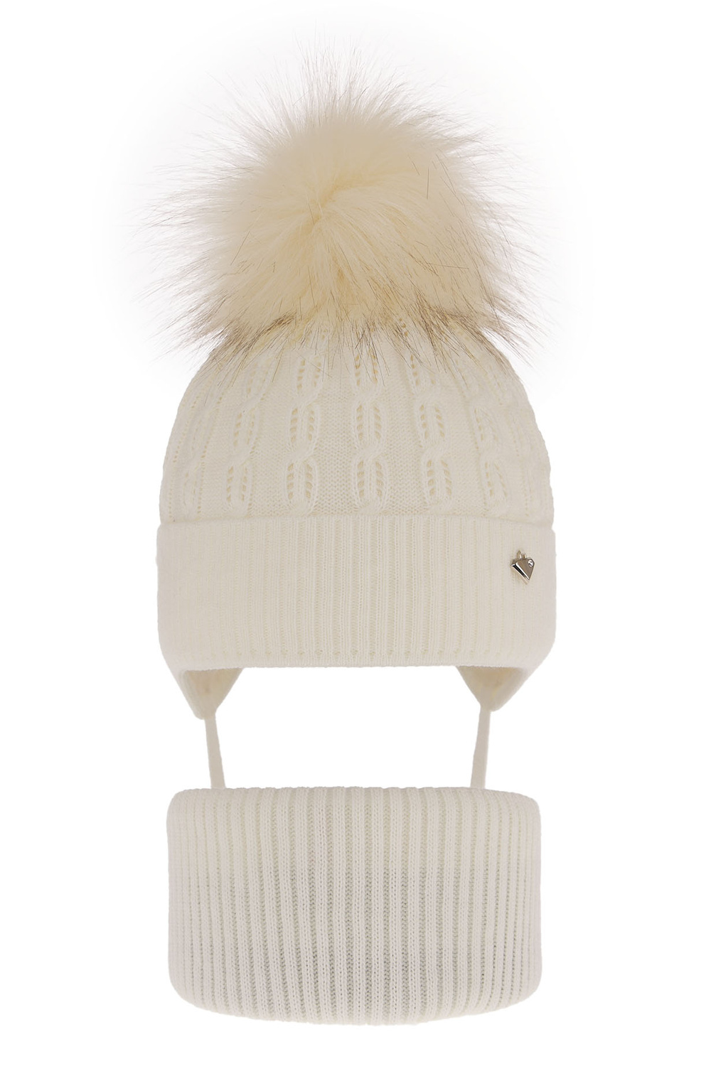 Girl's winter set: hat and tube scarf ecru with pompom Tukana