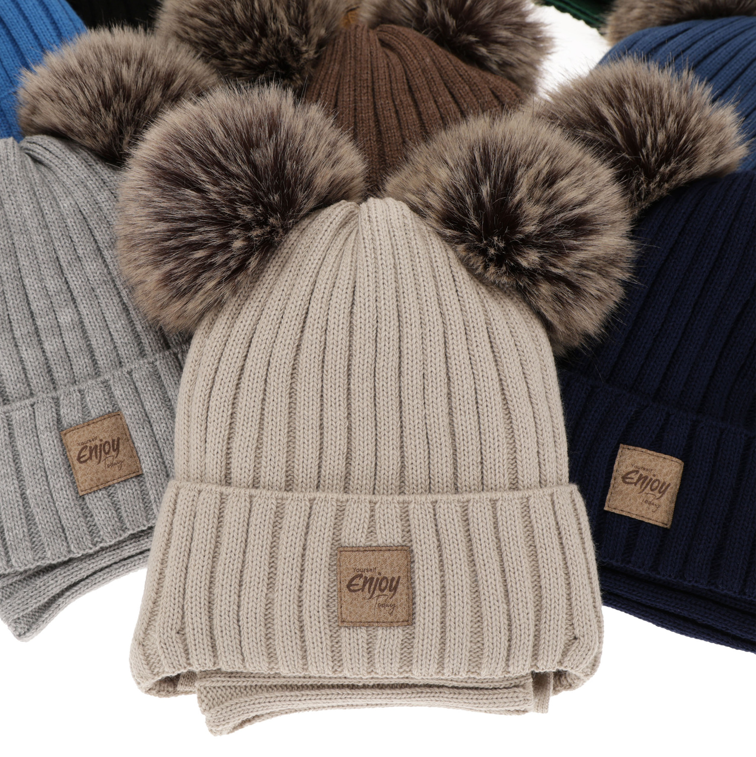 Boy's winter set: hat and tube scarf brown with two pompoms Orange