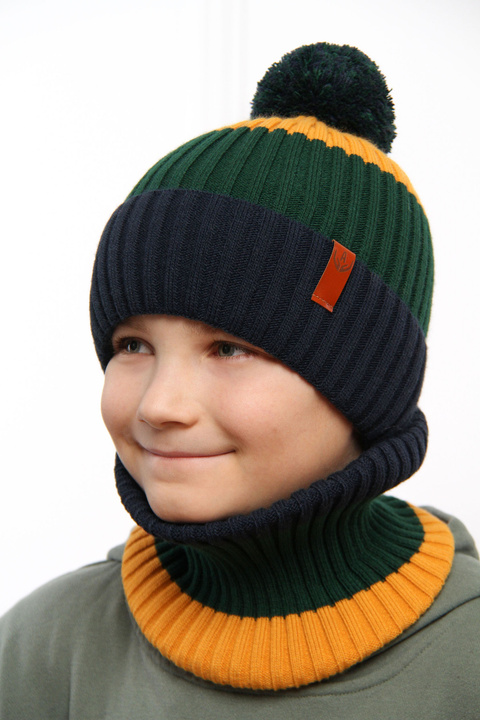 Boy's winter set: hat and tube scarf navy blue Karson with pompom