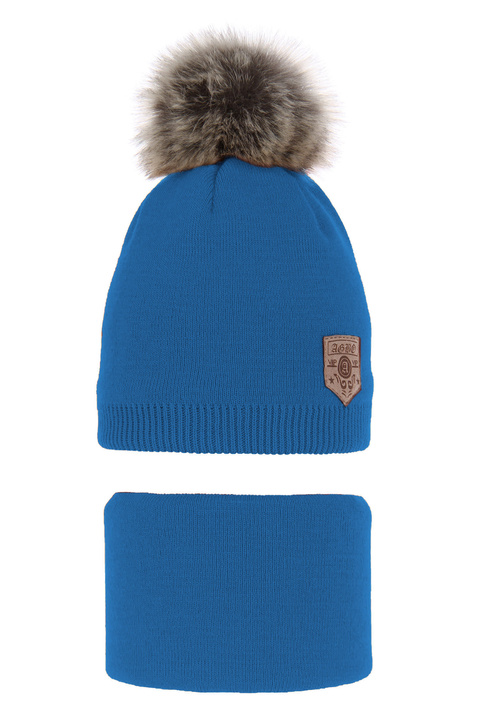 Boy's winter set: hat and tube scarf blue Apolin with pompom
