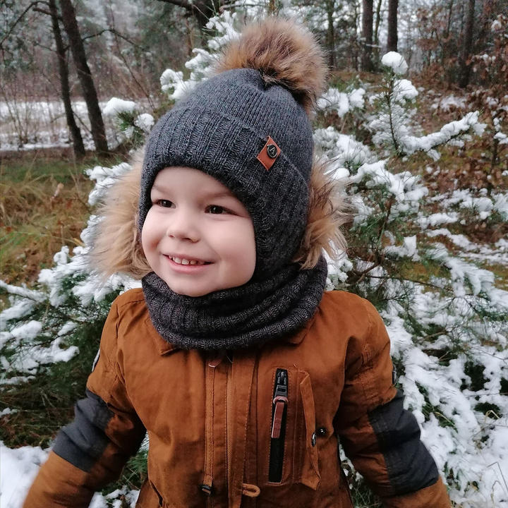 Boy's winter set: hat and tube scarf grey Dominik with pompom