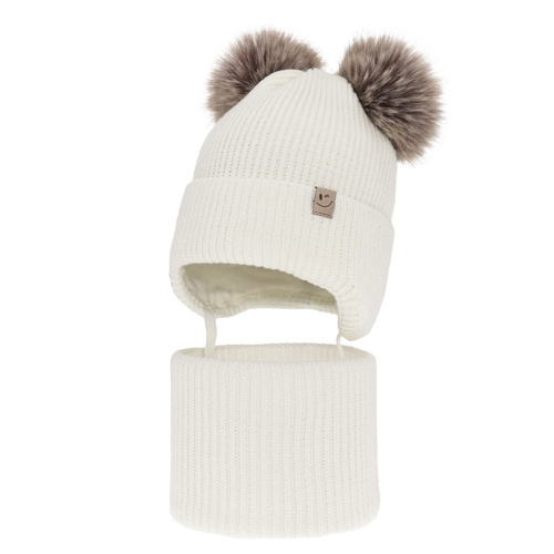 Girl's winter set: hat and tube scarf white with two pompom Zori
