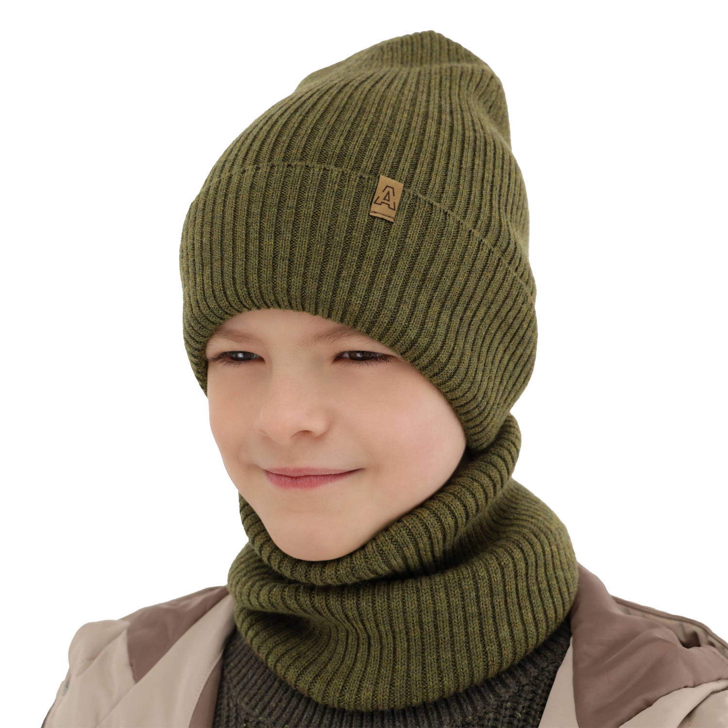 Boy's spring/ autumn set: hat and tube scarf khaki 100% extra finemerino wool Lemas