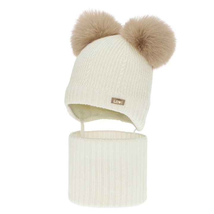Girl's hat and tube scarf, winter set, cream, 100% merino wool, lined with wool fleece, Lumia