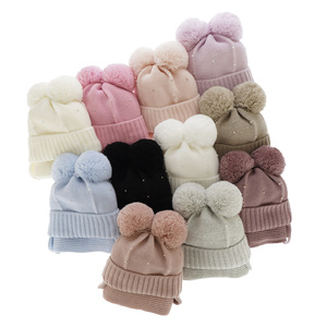 Girl's winter set: hat and scarf beige Fibien with two pompom								