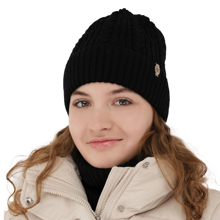 Girl's winter set: hat and tube scarf black made of 100% extra fine merino wool Jenny