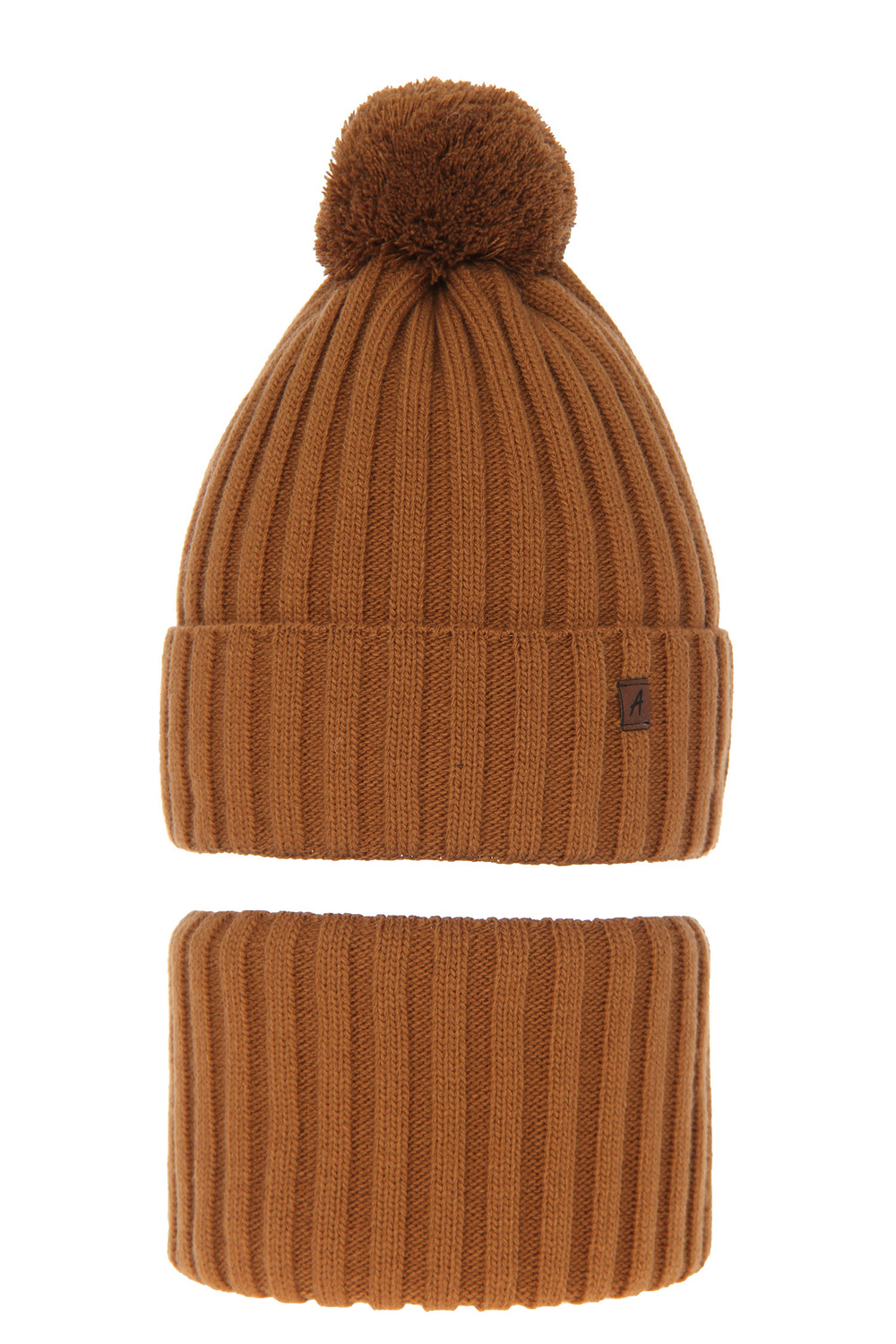 Boy's winter set: hat and tube scarf brown Wiliam with pompom