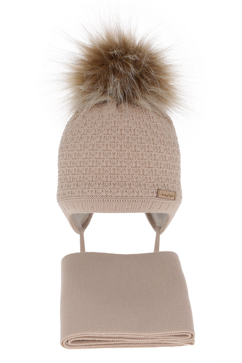 Girls winter set hat and scarf beige with pompom Clotilde