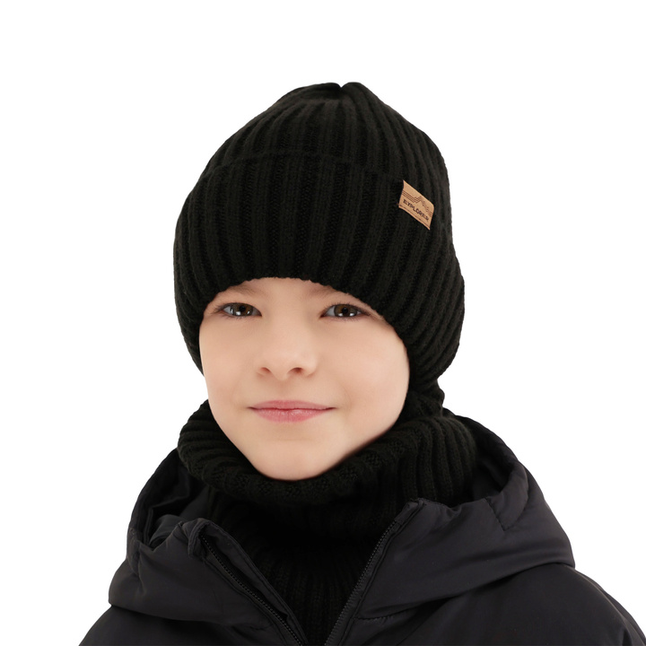 Boy's winter set: hat and tube scarf black merino wool Karmin
