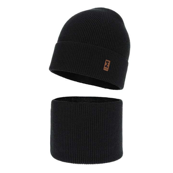 Boy's spring/ autumn set: hat and tube scarf black 100% extra fine merino wool Bruce