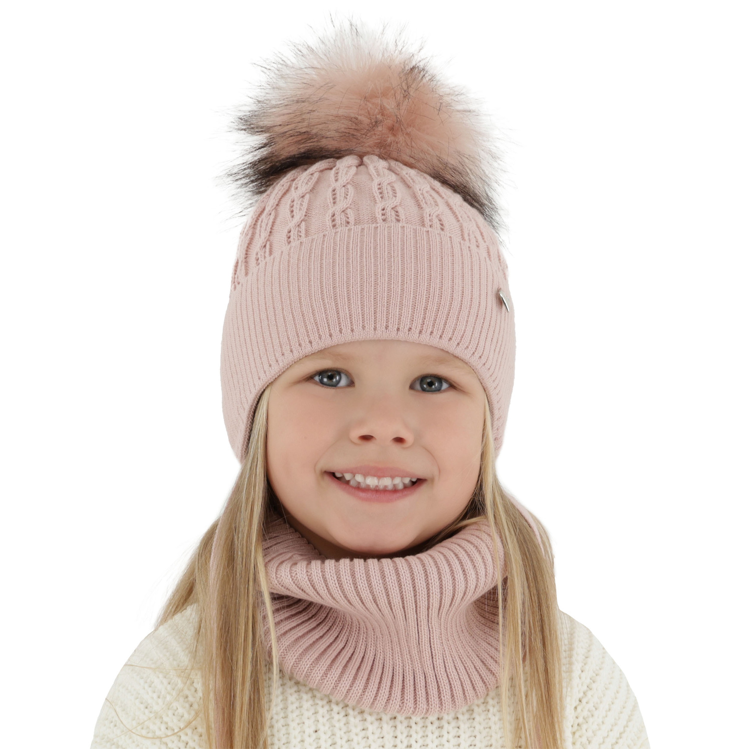 Girl's winter set: hat and tube scarf violet with pompom Tukana