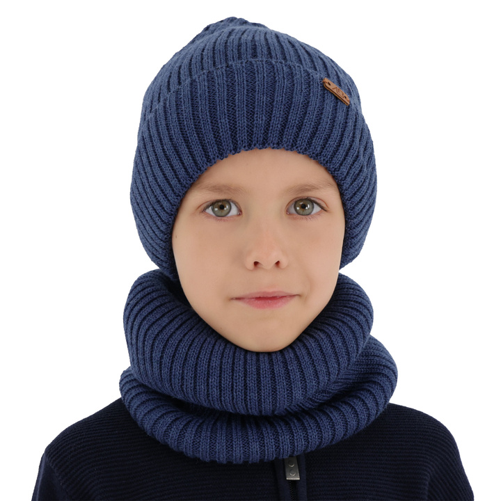 Boy's winter set: hat and tube scarf navy blue merino wool Palermo