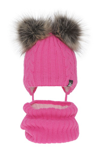 Girl's winter set: hat and tube scarf pink Marlen with two pompom