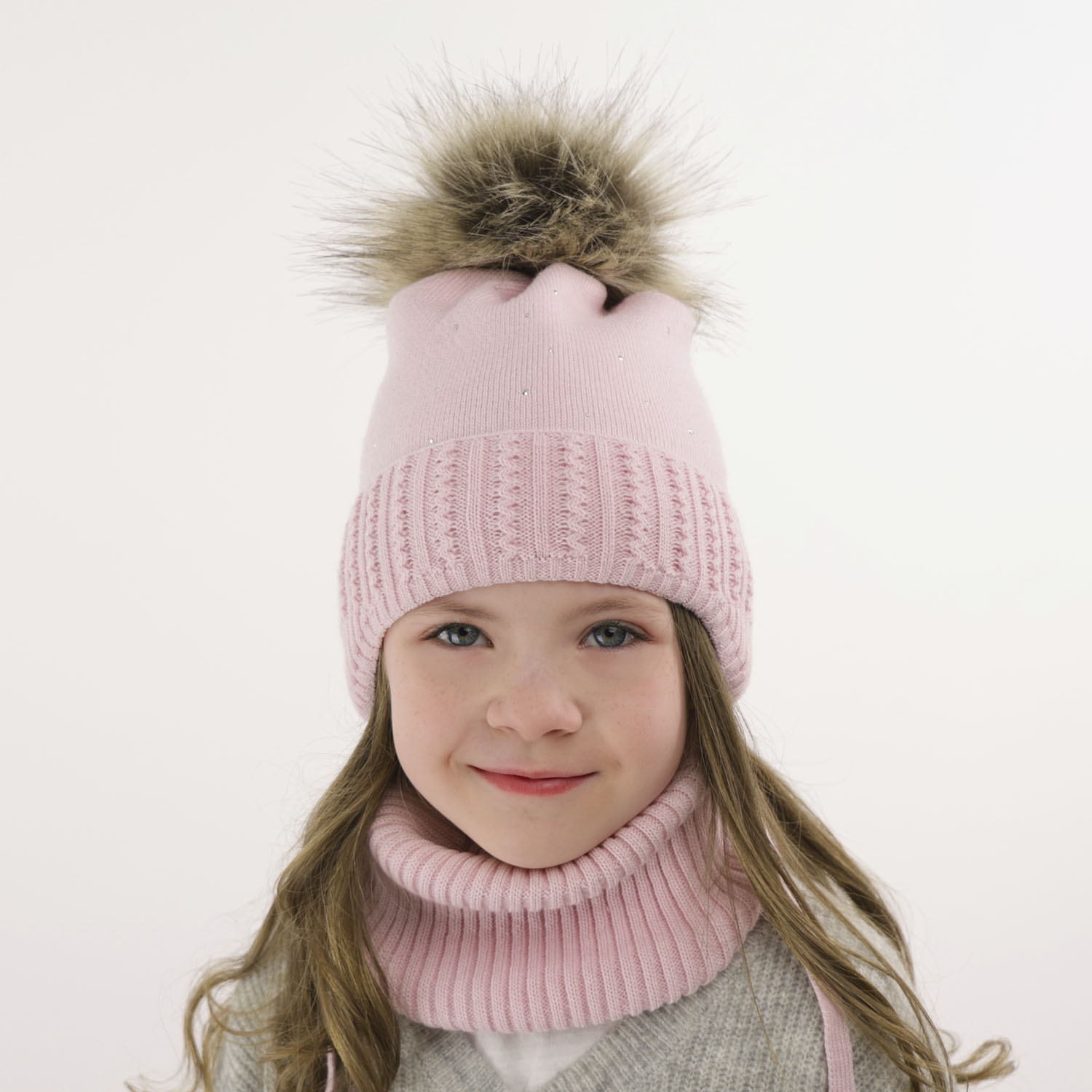 Girl's winter set: hat and tube scarf white with pompom Renia