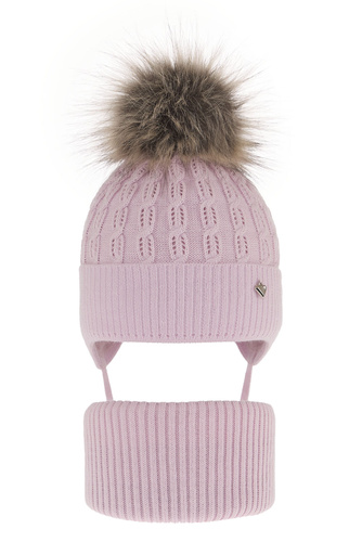 Girl's winter set: hat and tube scarf violet with pompom Tukana