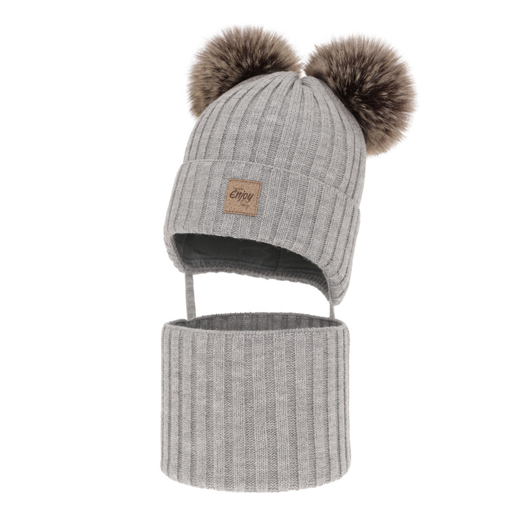 Boy's winter set: hat and tube scarf grey with two pompoms Orange