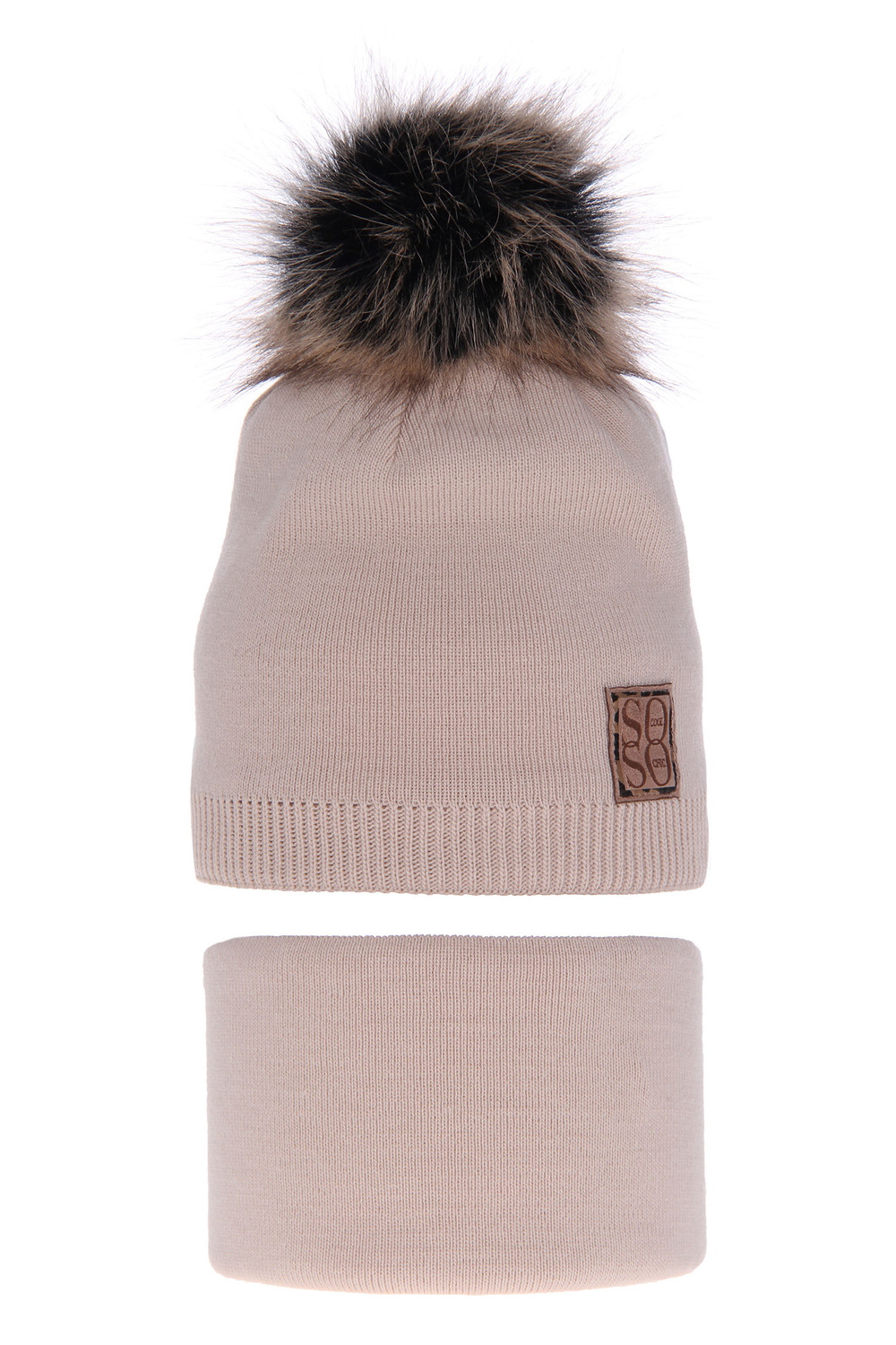 Girl's winter set: hat and tube scarf beige Apolinka with pompom