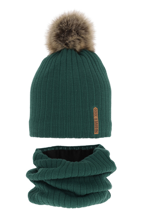 Boy's winter set: hat and tube scarf green Kalen with pompom