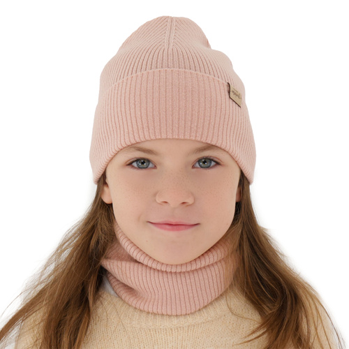 Girl's spring, autumn set: hat and tube scarf, beige, 100% merino wool, Magenta