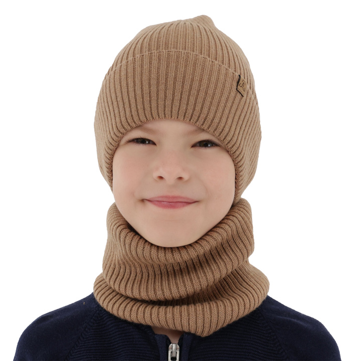 Boy's spring/ autumn set: hat and tube scarf camel 100% extra finemerino wool Lemas