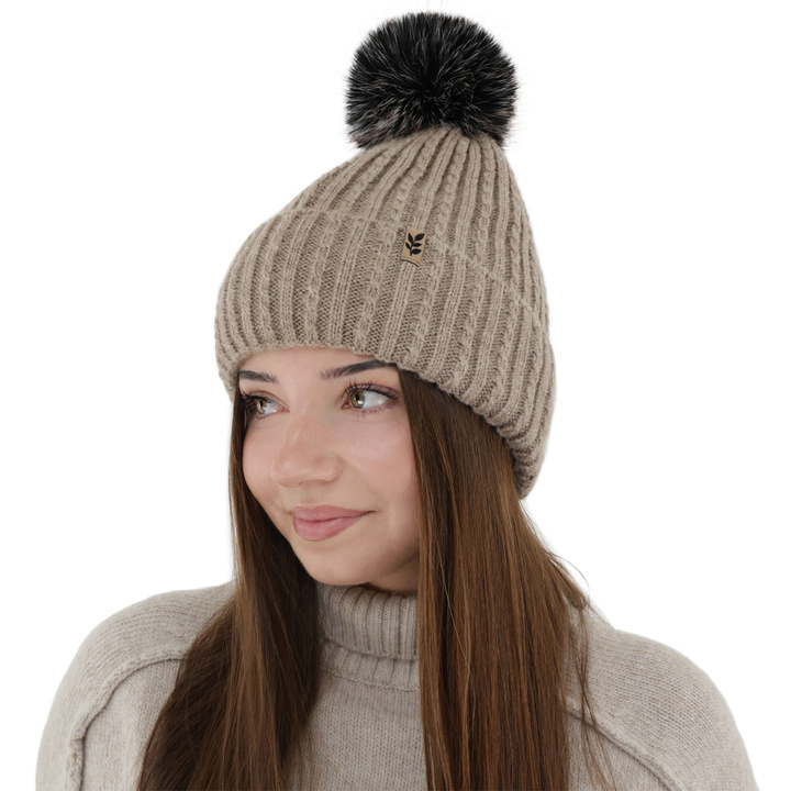 Woman's winter hat, beige, with pompom, Calista