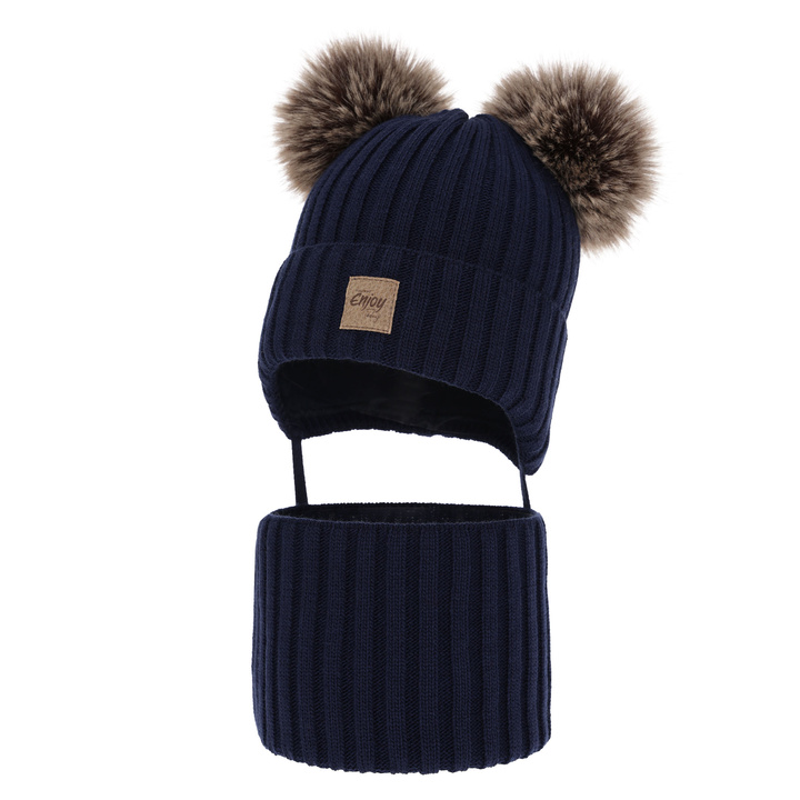 Boy's winter set: hat and tube scarf navy blue with two pompoms Orange