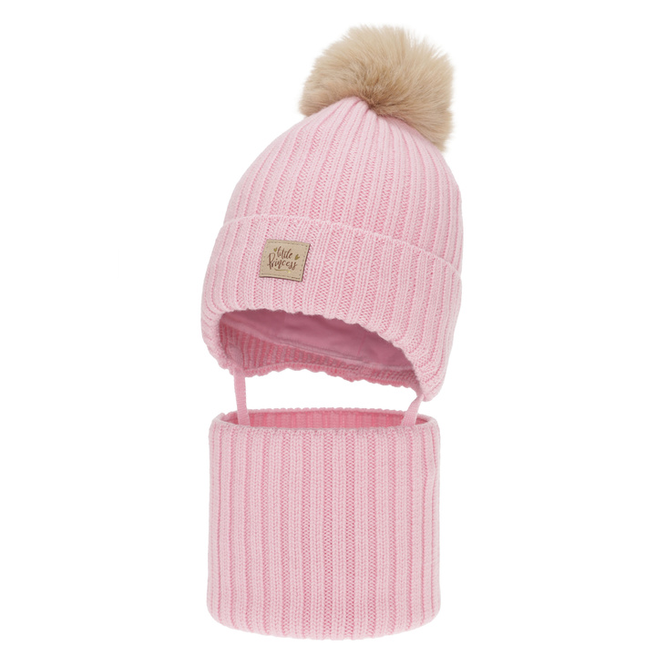 Girl's winter set: hat and tube scarf, pink, 100% merino wool, with ears, cotton lining, Malesia