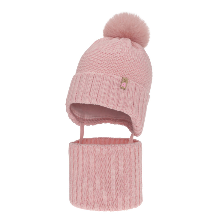 Girl's winter set: hat and tube scarf pink with pompom Kaya