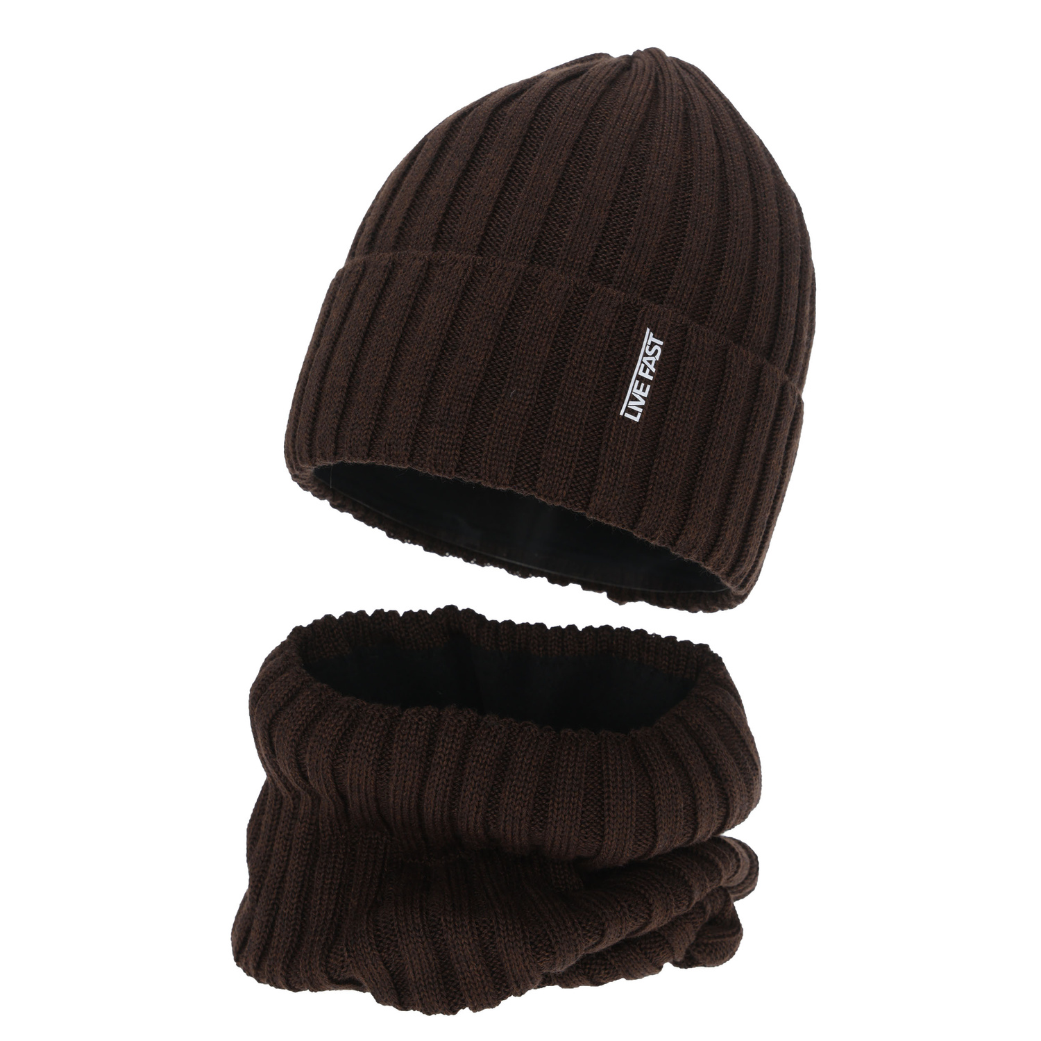 Boy's winter set: hat and tube scarf, brown, with merino wool, fleece lining, Banasko