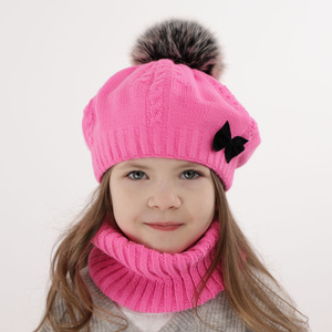 Girl's winter set: hat and tube scarf red Amora with pompom