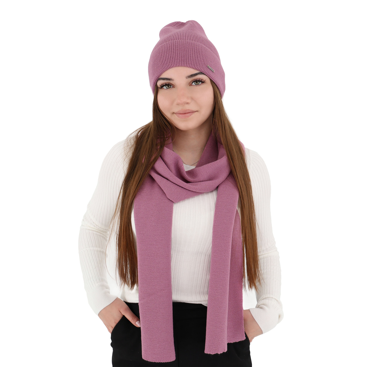 Women's spring and winter set: hat and scarf beige 100% extra fine merino wool Melpomena